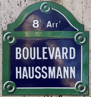 Street name plaque for Boulevard Haussmann in Paris