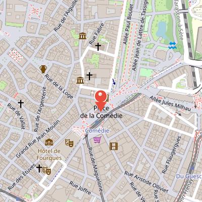 Map showing the location of Comédie Square in Montpellier