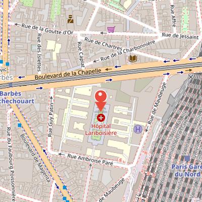 Map showing the location of Lariboisière Hospital in Paris