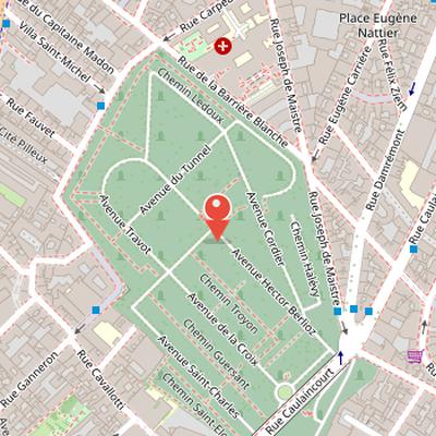 Map showing the location of Montmartre Cemetery in Paris
