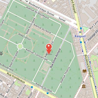 Map showing the location of Montparnasse Cemetery in Paris
