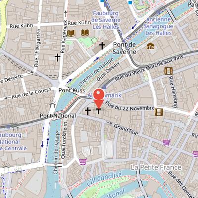 Map showing the location of Old Saint Peter's Church in Strasbourg