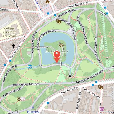 Map showing the location of Parc des Buttes-Chaumont in Paris