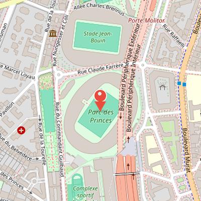 Map showing the location of Parc des Princes in Paris