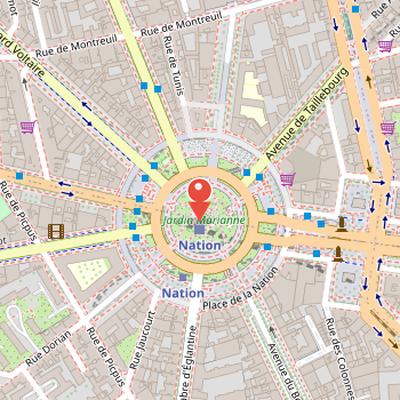 Map showing the location of Place de la Nation in Paris
