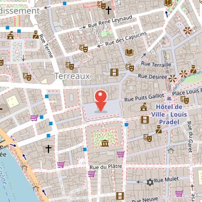 Map showing the location of Place des Terreaux in Lyon