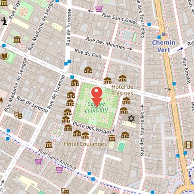 Map showing the location of Place des Vosges in Paris