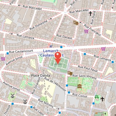Map showing the location of Saint-Vincent Cemetery in Paris