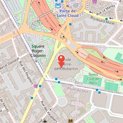 Map showing the location of Stade Pierre-de-Coubertin in Paris
