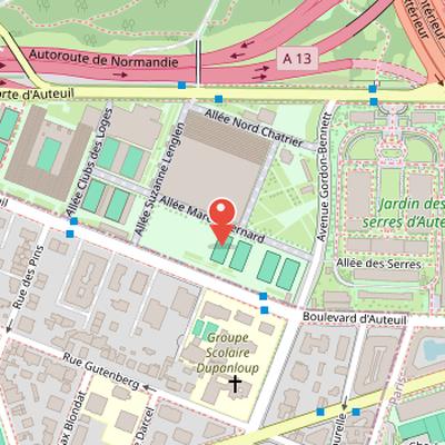 Map showing the location of Stade Roland-Garros in Paris