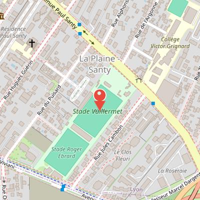 Map showing the location of Stade Vuillermet in Lyon